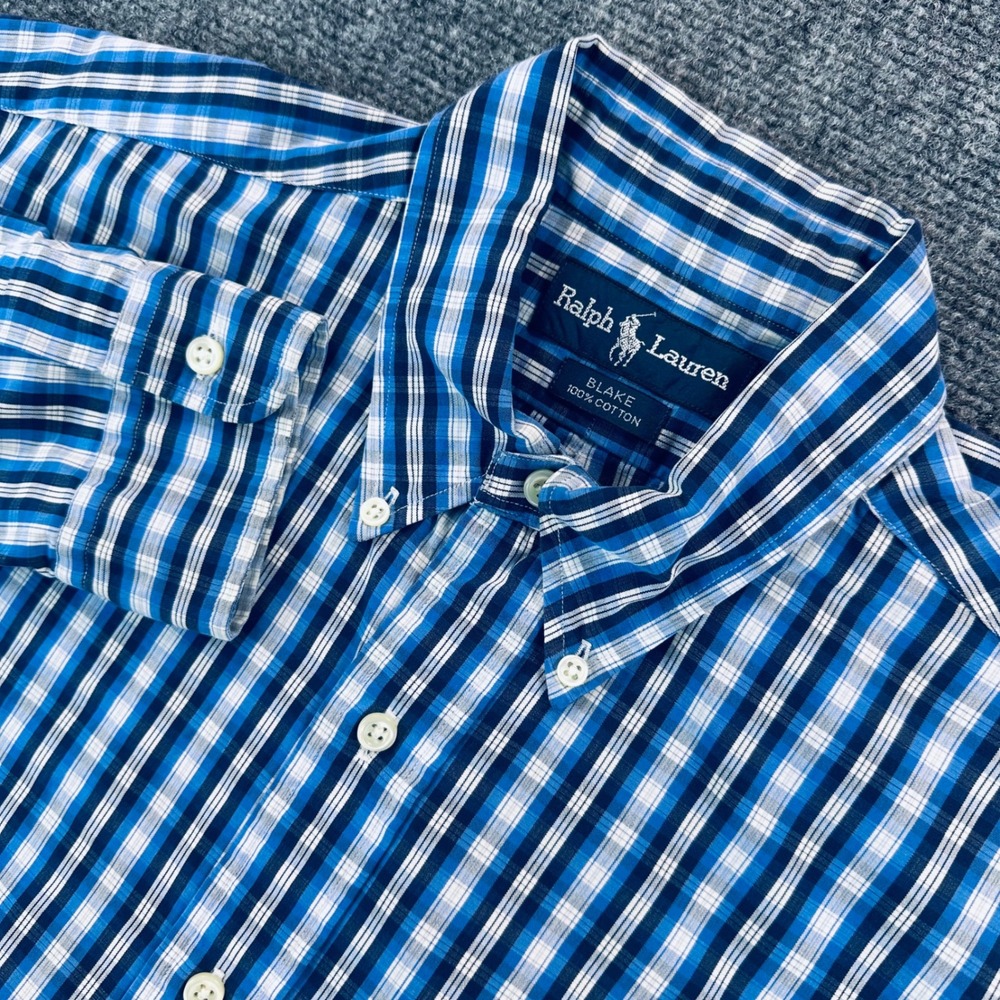 Ralph Lauren Blake Men's Medium Blue Plaid Button Down Cotton Long Sleeve Shirt